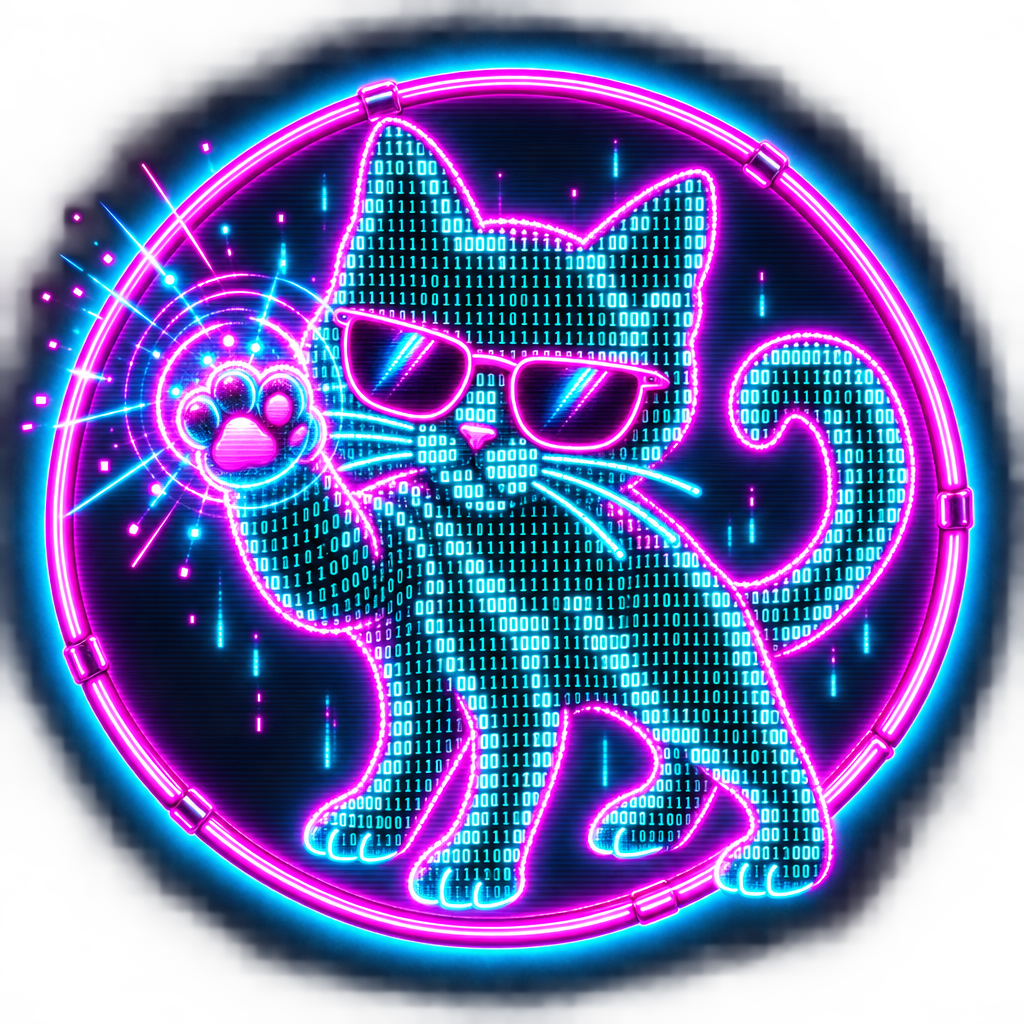 Matrix Cat fluffy portrait with sunglasses, sitting on a coin-shaped neon disc