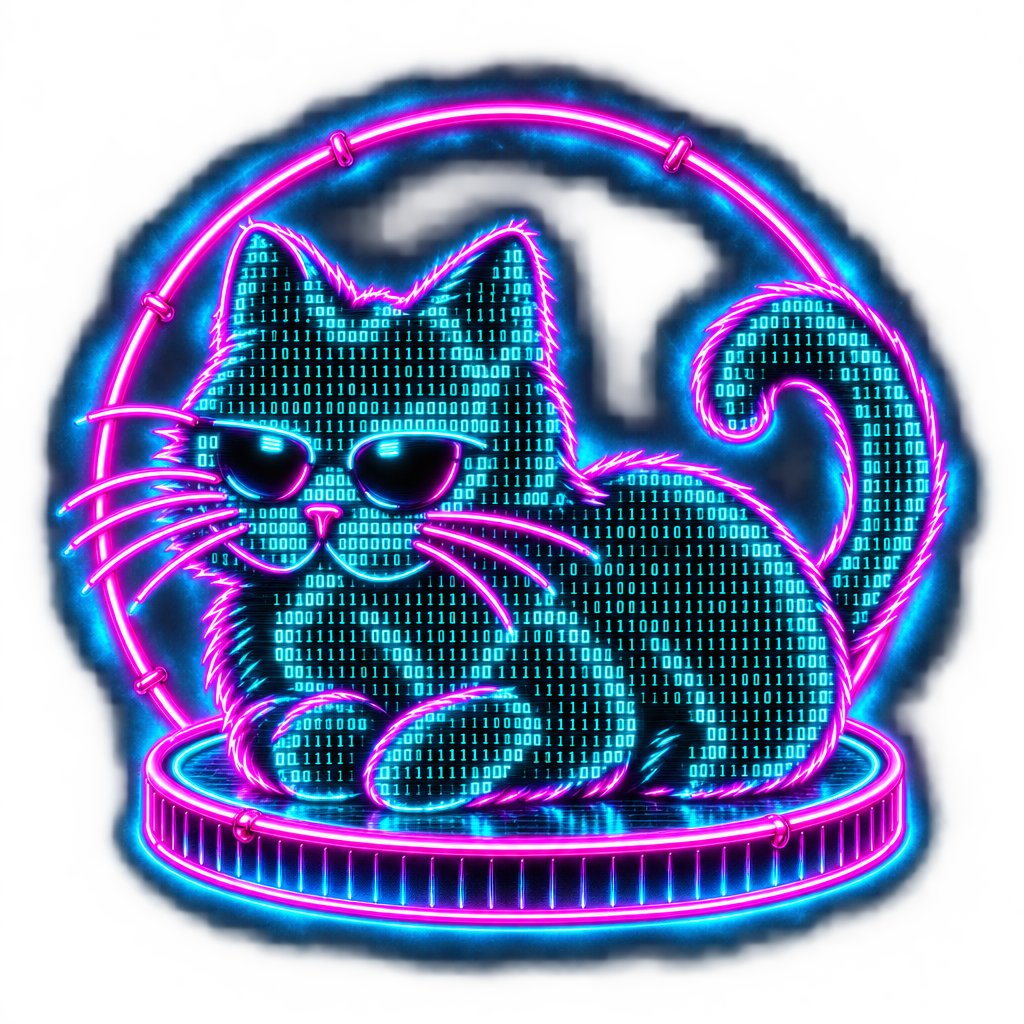 Matrix Cat wearing sunglasses inside a neon ring, one paw raised and glowing