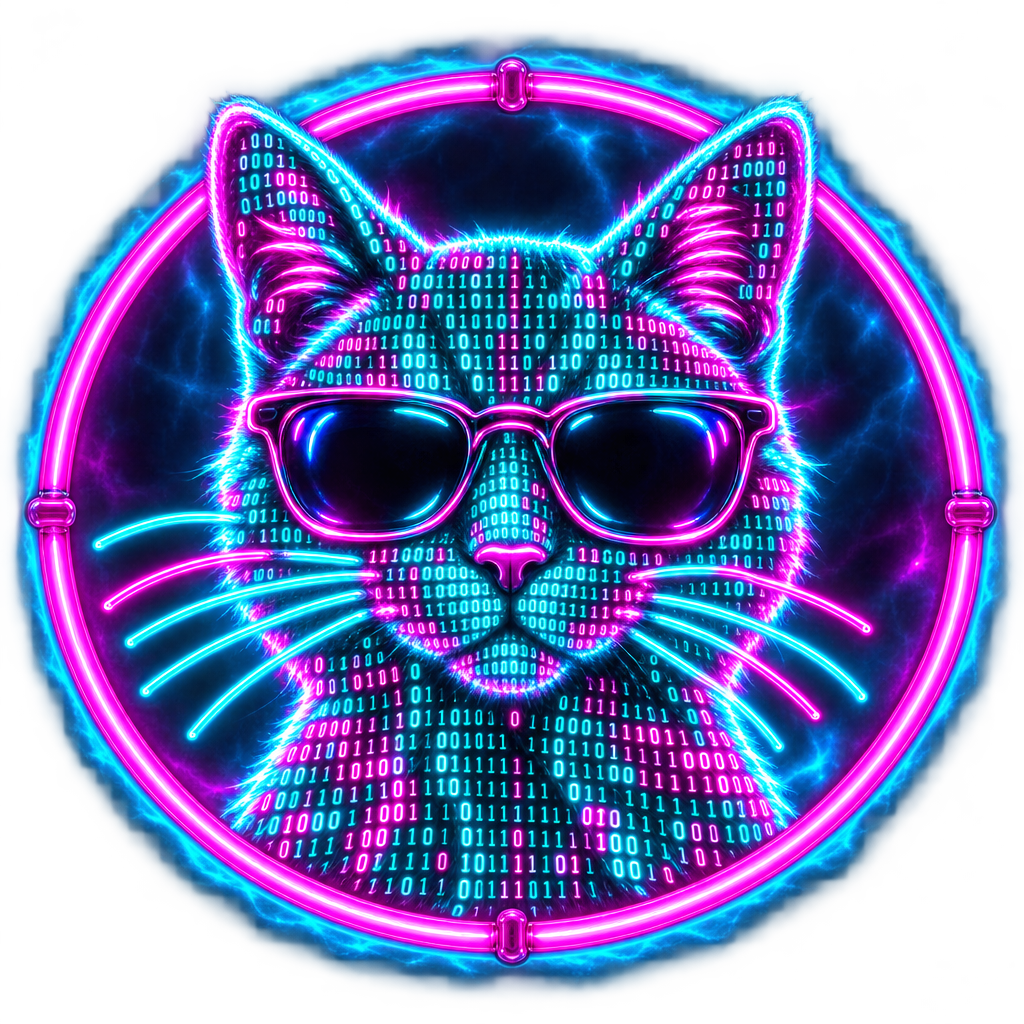 Matrix Cat avatar: a neon cat face with sunglasses inside a magenta and cyan ring