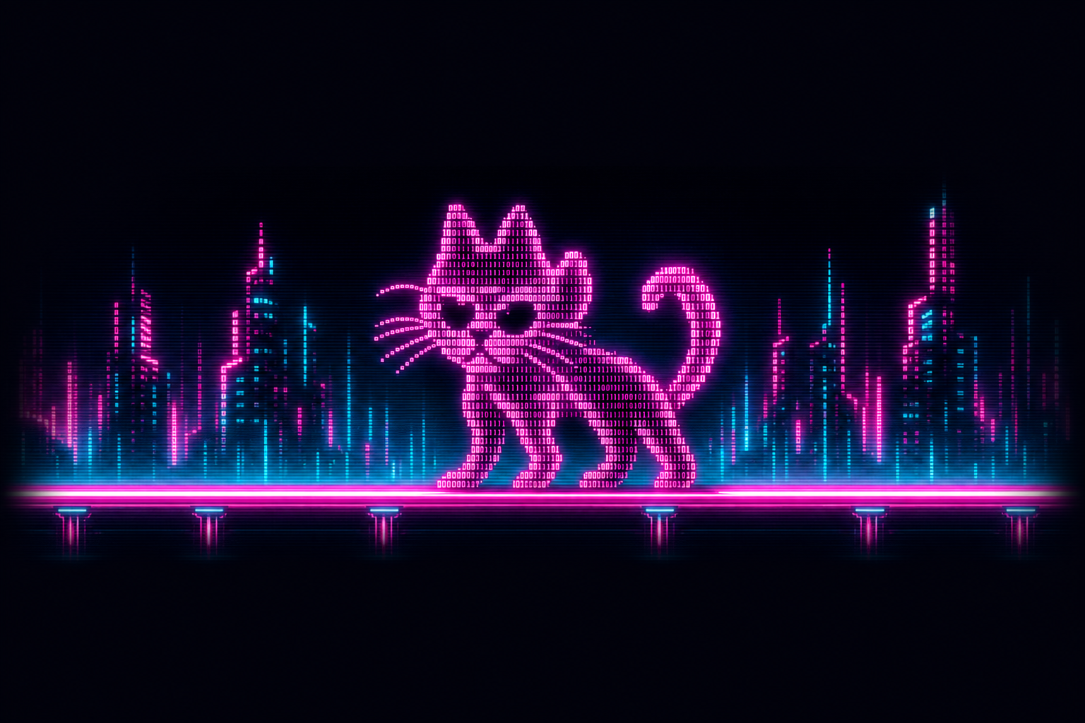 Neon magenta silhouette of Matrix Cat walking across a glowing cyberpunk skyline